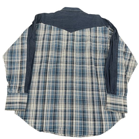 VTG Wrangler Blue Plaid Denim lined Pearl Snap Button Up Shirt, Size L - Picture 4 of 6